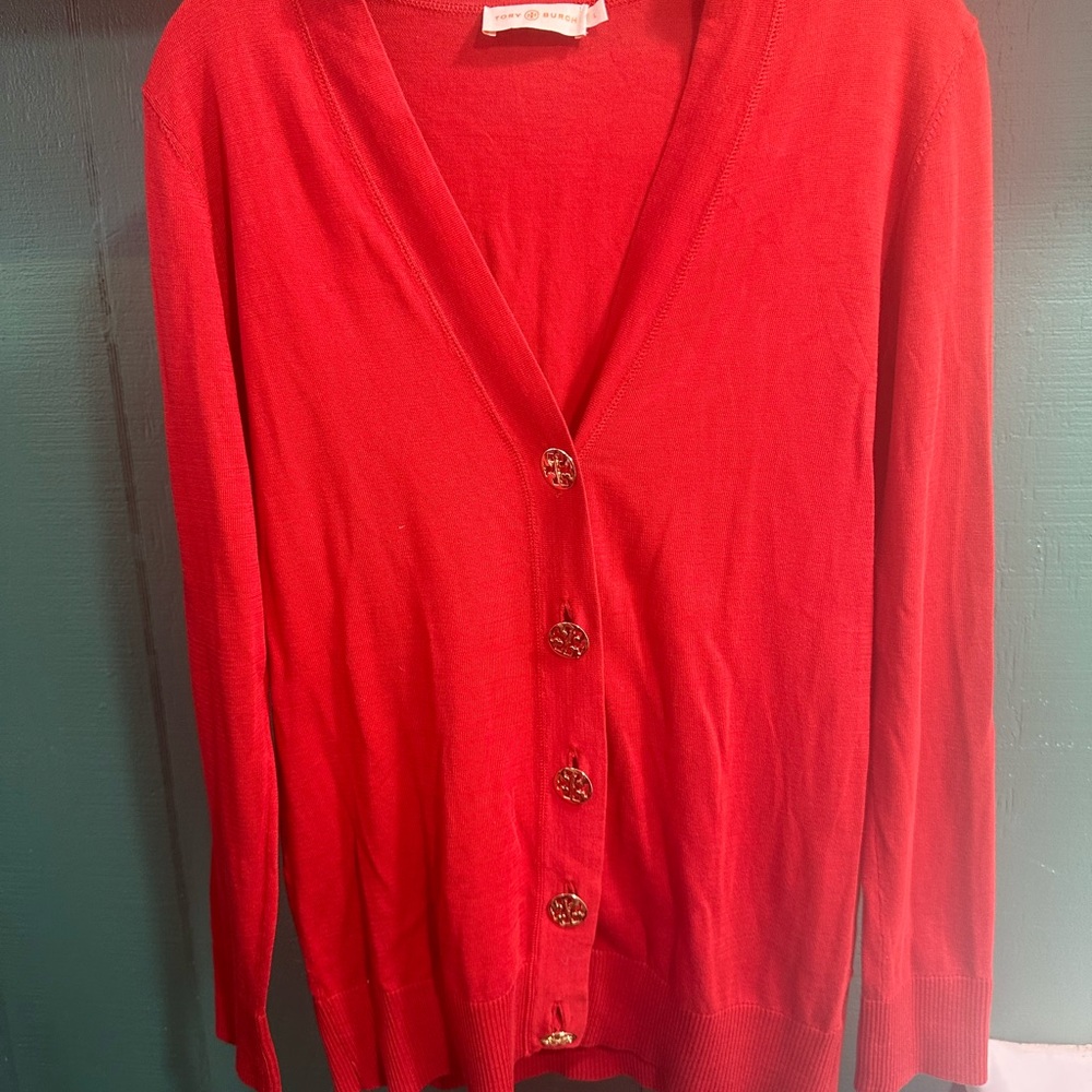 Tory Burch Bright Red V-Neck Button Cardigan